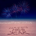 New Year beach background with fireworks Royalty Free Stock Photo