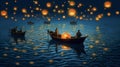 festival water night celebration light travel river lamp lantern boat. Generative AI.