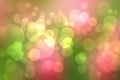 A Festive Abstract Gradient Green Red Orange Yellow Background Texture With Glitter Defocused Sparkle Bokeh Circles. Card Concept