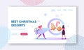 Festive Activity Preparation for Xmas Landing Page Template. Tiny Female Characters Baking Huge Christmas Bakery