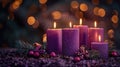 Festive Advent Display with Four Purple Candles, Fir Branches, and Bokeh Lights