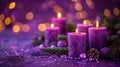 Festive Advent Display with Four Purple Candles, Fir Branches, and Bokeh Lights Royalty Free Stock Photo