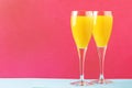 Festive alcohol cocktail mimosa with orange juice and cold dry champagne or sparkling wine in glasses, pink treandy background,