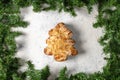 Festive almond pastry in christmas tree shape surrounded by greenery on snowy background Royalty Free Stock Photo