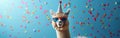 Festive Alpaca Celebrates Birthday and New Year with Hat and Sunglasses on Confetti Background - Funny Animal Card