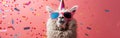 Festive Alpaca with Party Hat and Sunglasses Celebrating Birthday, New Year\'s Eve, or Other Celebrations on Pink Confetti