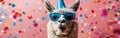 Festive Alpaca with Party Hat and Sunglasses Celebrating Birthday, New Year\'s Eve, or Other Celebrations on Pink Confetti