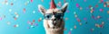 Festive Alpaca with Party Hat and Sunglasses Celebrating Birthday, New Year\'s Eve