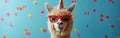 Festive Alpaca with Party Hat and Sunglasses Celebrating Birthday, New Year\'s Eve,