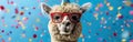 Festive Alpaca with Party Hat and Sunglasses Celebrating Birthday, New Year\'s Eve