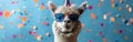 Festive Alpaca with Party Hat and Sunglasses Celebrating Birthday, New Year\'s Eve