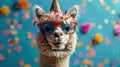Festive Alpaca with Party Hat and Sunglasses Celebrating Happy Birthday, New Year\'s Eve or Sylvester with Confetti on Blue