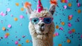 Festive Alpaca with Party Hat and Sunglasses Celebrating Happy Birthday, New Year\'s Eve or Sylvester with Confetti on Blue