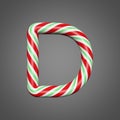 Festive alphabet letter D uppercase. Christmas font made of mint striped candy canes. 3D render on gray background.