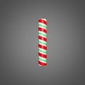 Festive alphabet letter I uppercase. Christmas font made of mint striped candy canes. 3D render on gray background.