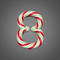 Festive alphabet number 8. Christmas font made of mint striped candy canes. 3D render on gray background. Royalty Free Stock Photo