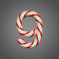 Festive alphabet number 9. Christmas font made of mint striped candy canes. 3D render on gray background. Royalty Free Stock Photo