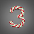 Festive alphabet number 3. Christmas font made of mint striped candy canes. 3D render on gray background.