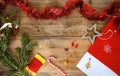 festive ambiance with Christmas decorations and sweets, New Year layout for card with space for text, greetings, wooden retro Royalty Free Stock Photo