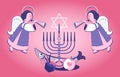 Festive angels playing flute, trumpet. Menorah, Jewish lamp and fruit, symbols of Rosh Hashanah. Christmas greeting card