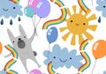 Festive animals seamless rabbit bunnies and sun and clouds and balloons pattern for wrapping paper and kids