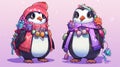 Festive Anime Penguins in Han Dynasty Style - Vibrant Christmas Characters with Temmie Chang-inspired Design