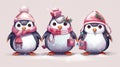 Festive Anime Penguins in Han Dynasty Style - Vibrant Christmas Characters with Temmie Chang-inspired Design