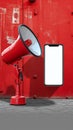 Festive announcement Red megaphone beside phone for Ramadan social sharing