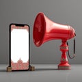 Festive announcement Red megaphone beside phone for Ramadan social sharing