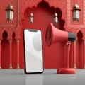 Festive announcement Red megaphone beside phone for Ramadan social sharing