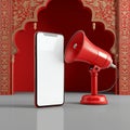 Festive announcement Red megaphone beside phone for Ramadan social sharing