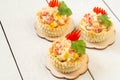 Festive appetizer vol-au-vent with chicken salad, sweet pepper, Royalty Free Stock Photo