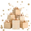 festive arrangement of beige birthday boxes with playful polka dots and stripes, separated on a white background.