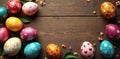 A festive arrangement of hand-painted easter eggs on a rustic wooden surface, adorned with delicate spring blossoms. Generative AI Royalty Free Stock Photo