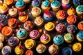 A festive arrangement of multicolored cupcakes adorned with brightly lit candles.