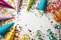 A festive arrangement of party hats and streamers with golden confetti on a grey background