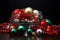 A festive arrangement of red green gold and silver Christmas ornaments displayed in a glass bowl Royalty Free Stock Photo
