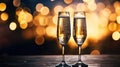 Festive atmosphere of New Year\'s parties, weddings or anniversaries. Two wine glasses for champagne with Sparkling drink