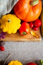 Festive autumn composition from pumpkins, leaves, tomato and squash on the beige background.