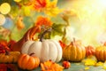 Festive autumn decor from pumpkins, berries and leaves. Concept of Thanksgiving day or Halloween with copy space