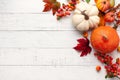 Festive autumn decor from pumpkins, berries and leaves on a white wooden background. Concept of Thanksgiving day or Halloween.