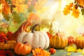 Festive autumn decor from pumpkins, berries and oak leaves. Concept of Thanksgiving day or Halloween with copy space