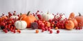 Festive autumn decorations of pumpkins, berries and leaves on a white wooden background. Thanksgiving or Halloween day concept. Royalty Free Stock Photo