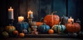 Festive autumn decorations with pumpkins and leaves on wooden background. Thanksgiving or Halloween day concept. Generative AI Royalty Free Stock Photo