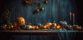 Festive autumn decorations with pumpkins and leaves on wooden background. Thanksgiving or Halloween day concept. Generative AI Royalty Free Stock Photo