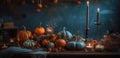 Festive autumn decorations with pumpkins and leaves on wooden background. Thanksgiving or Halloween day concept. Generative AI Royalty Free Stock Photo