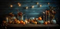 Festive autumn decorations with pumpkins and leaves on wooden background. Thanksgiving or Halloween day concept. Generative AI Royalty Free Stock Photo