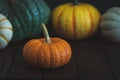 Thanksgiving background with pumpkins on a brown table.