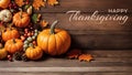 Festive Autumn Pumpkin Leaf and Fruit Border of happy thanksgiving day text Royalty Free Stock Photo