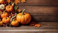 Festive Autumn Pumpkin Leaf and Fruit Border on Wood Texture background Royalty Free Stock Photo